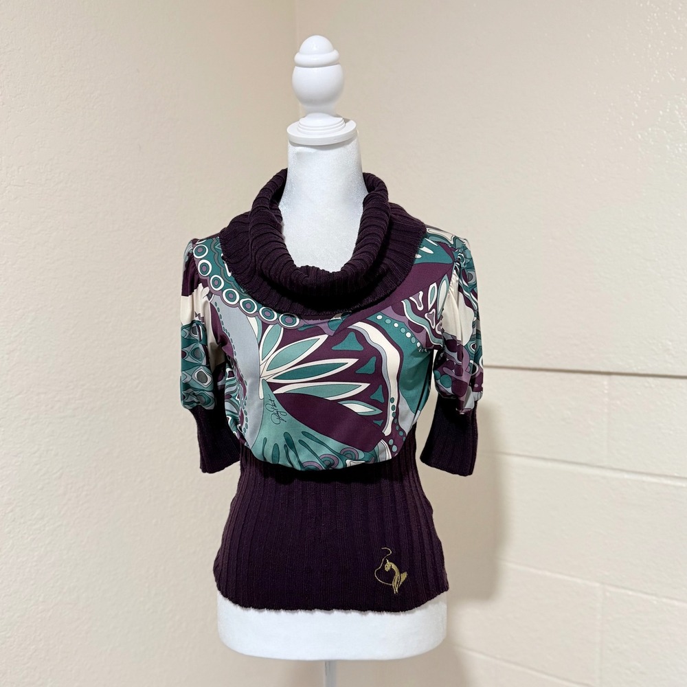 Baby Phat Cowl Neck Top Womens XS Purple Y2K Psychedelic Print Retro